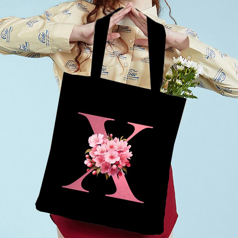 Pink Sakura Handbags Women Eco Reusable Tote Bag Cherry Blossom College Canvas Bag Vintage Sakura Alphabet Ladies Shoulder Bag