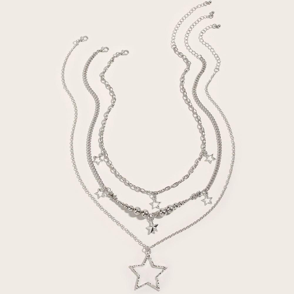 Vintage Y2K Style Star Pendant Necklace Multi Layered Silver Statement Jewelry Metal Chain Necklace