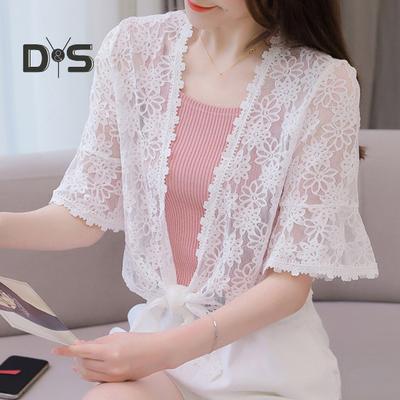 Women Cardigan Coat Half Sleeve Lace Embroidery Horn Sleeve Shawl Thin Patchwork Short Type Lace Up Solid Color Lady Shirt