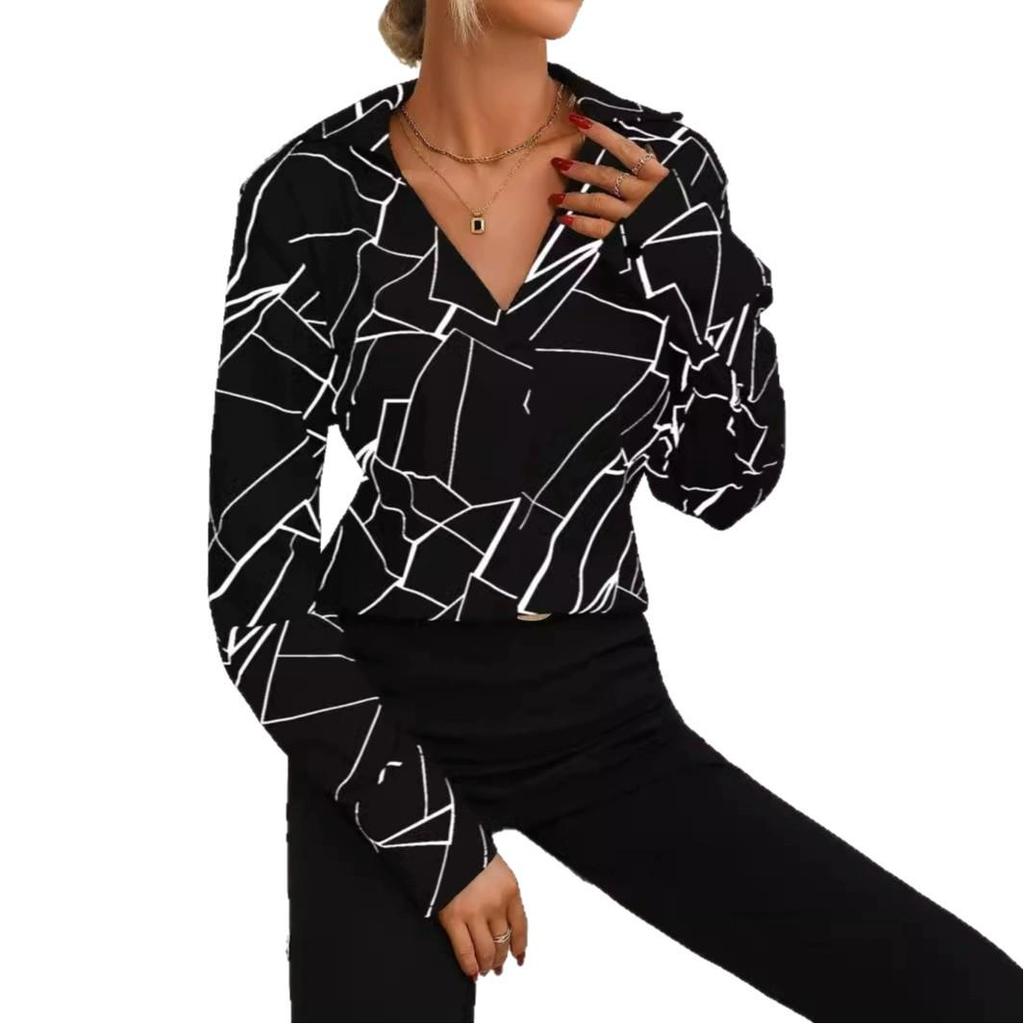 2026 Women's Loose Fit Printed V-Neck Long-Sleeved Shirt