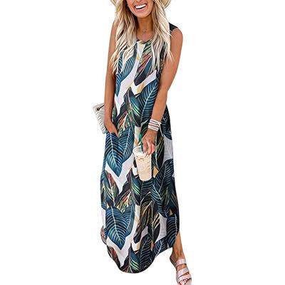 Summer Sleeveless Leaves Printed Women Casual Irregular One Piece Dress