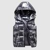 Men Cotton Vest Autumn Winter Hooded Sleeveless Zipper Placket Jacket with Pockets Solid Color Glossy Finish Down Quilted Vest Coat
