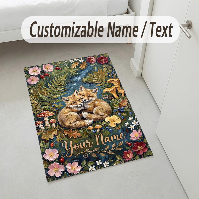 Autumnal Foxes Theme Soft Crystal Velvet Rug Custom Name & Text Print Non Slip Floor Rug for Bedroom Living Room