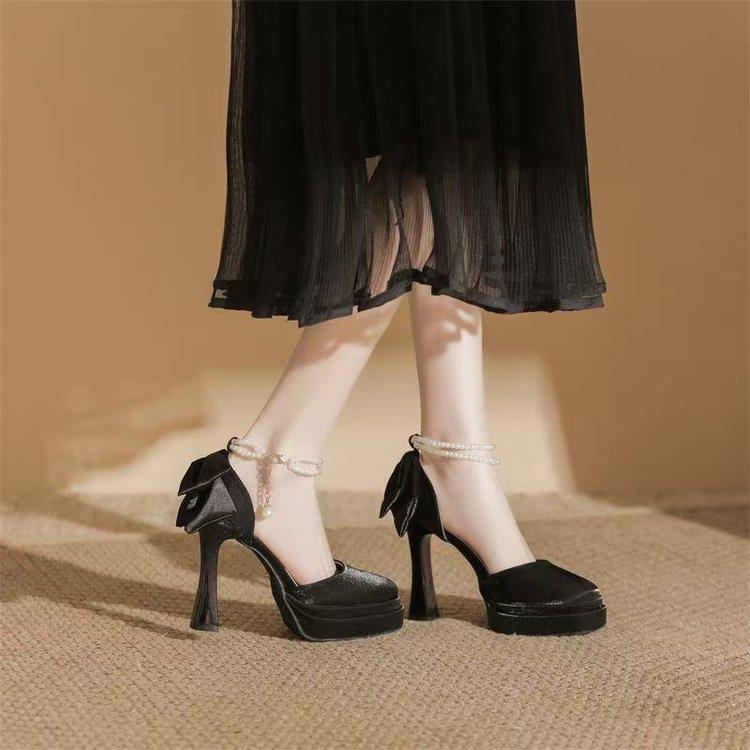 One Word with Waterproof Table High Heels Thick Heel Single Shoes Women's New White Wedding Shoes Square Head Satin Hollow Mary Jane Shoes