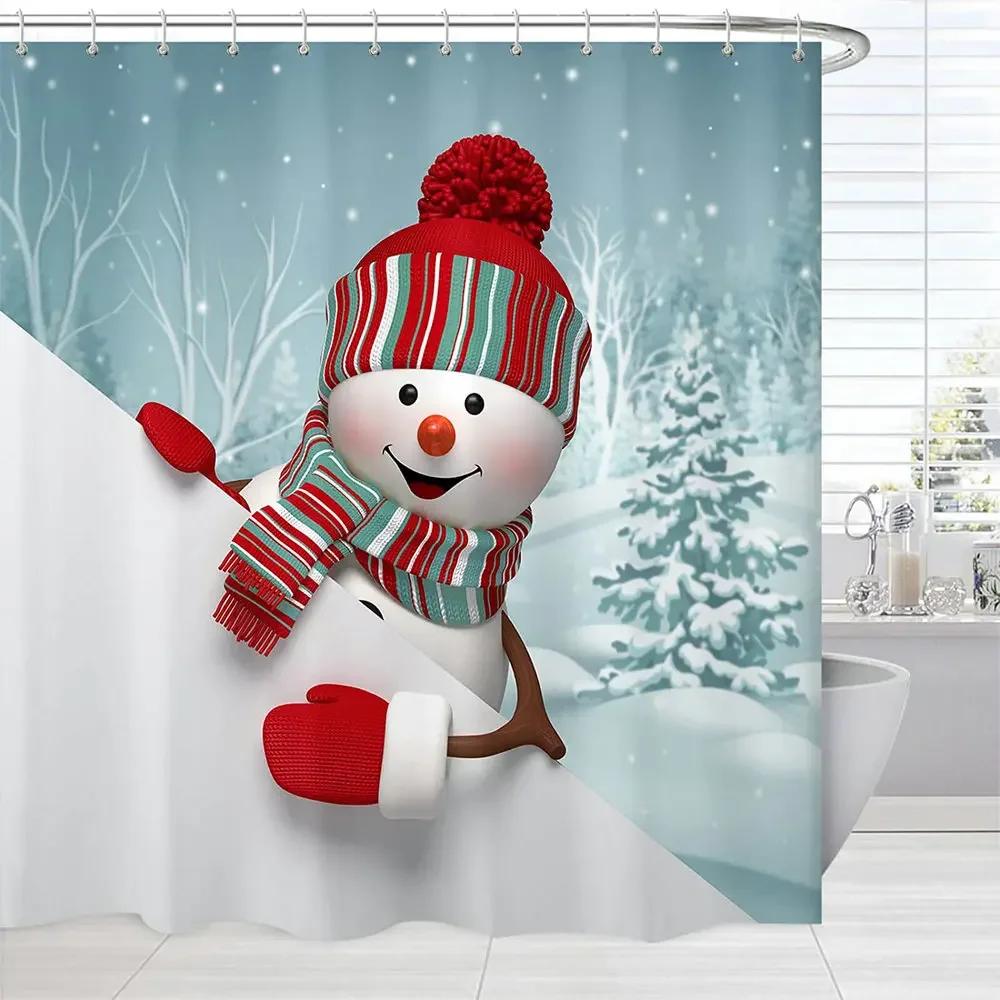 Merry Christmas Shower Curtain Fabric Cute Snowman Snowy Forest Print Xmas Winter Bathroom Waterproof Polyester Screen With Hook