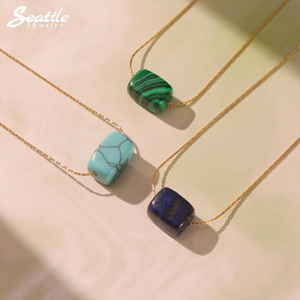 316 Stainless Steel Gold-Plated Fine Chain Fashion Necklace Square Natural Turquoise Pendant Necklace Women's Charm Zircon