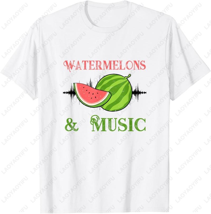 Melons and Music Watermelon Summer Fruits TShirt Classic Letter Print Tee Unisex Summer Cotton Casual New Arrival Breathable Tops