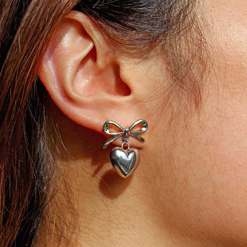 Thick PVD Love Heart Pendant Drop Earrings 18K Gold Plated Bow Knot Non Tarnish Earring Summer Popular Daily Jewelry Gift Bijoux