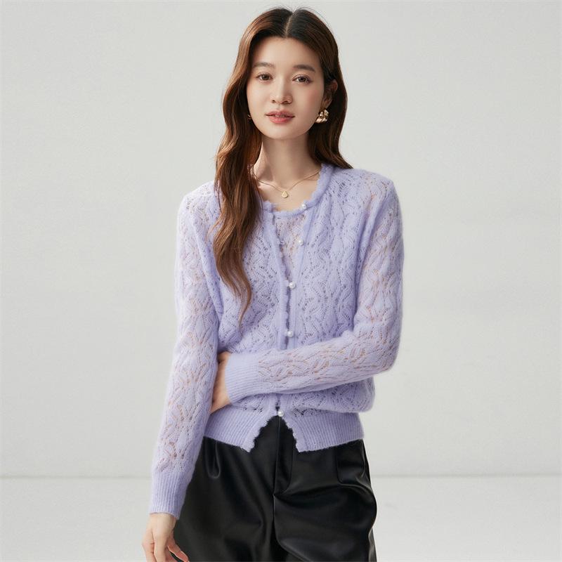 2026 Autumn Women's Cashmere Silk Round Neck Cardigan - Thin Crochet Outerwear