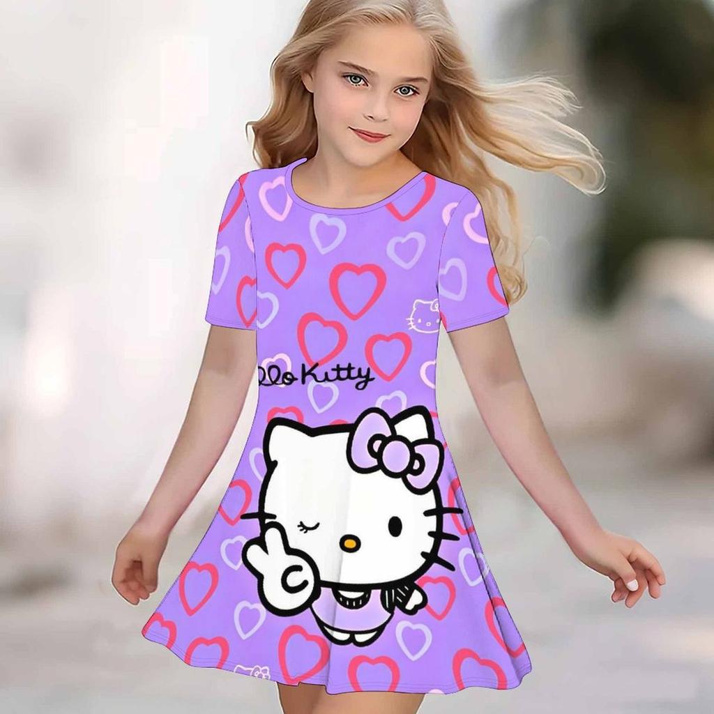 Girls 3D Print Dresses Kids Girl Party Short Sleeve Princess Dress Tank 3D Moe Cartoon Print Dress