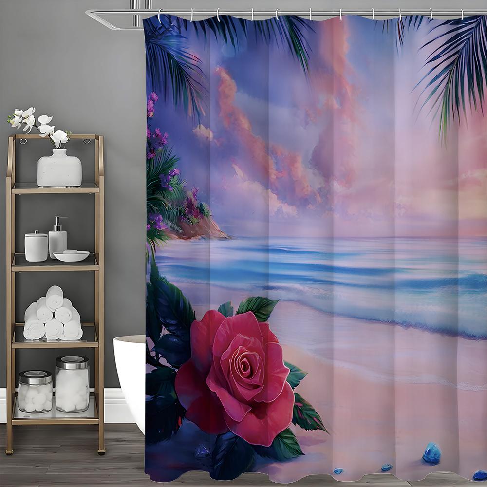 Purple Ocean Beach Romantic Rose Shower Curtain, Bathroom Decorative Shower Curtain, Waterproof Shower Curtain with Hooks