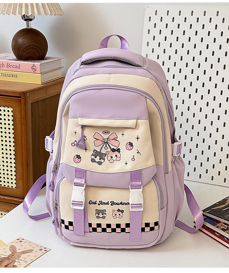 Schoolbag: Korean style cherry blossom peach pink with creamy strawberry kitten, academy style, multi-layered backpack for middle and high school