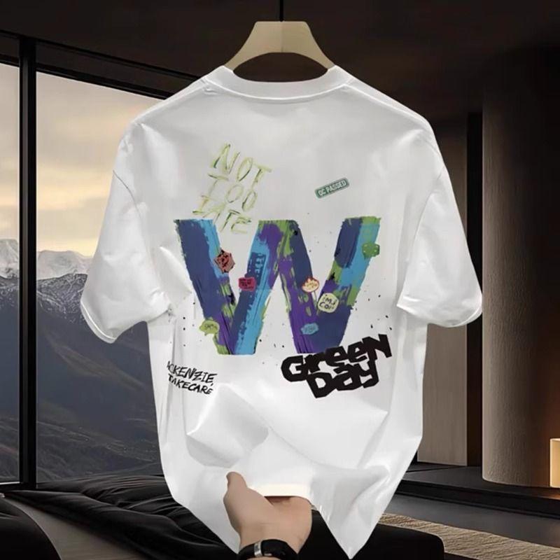 Summer American Short-sleeved T-shirt for Men and Teenagers, Large Letter Graffiti Printed Pure Cotton Loose and Versatile Top