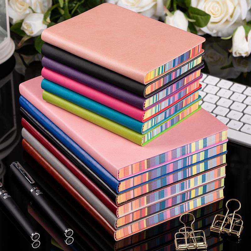 Creative Gift Notebook Color-Edged Soft Imitation Leather 100 Sheets Dowling Paper Office Portable Notepad CN ZHE (Red,200 Pages&A6)