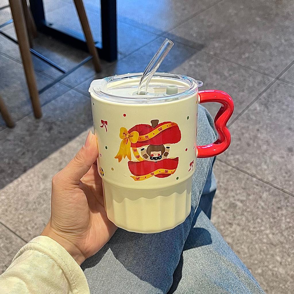 Apple Girl Mug with Lid with Straw Cup Cute High value Ceramic Water Cup Household Coffee Juice Cup