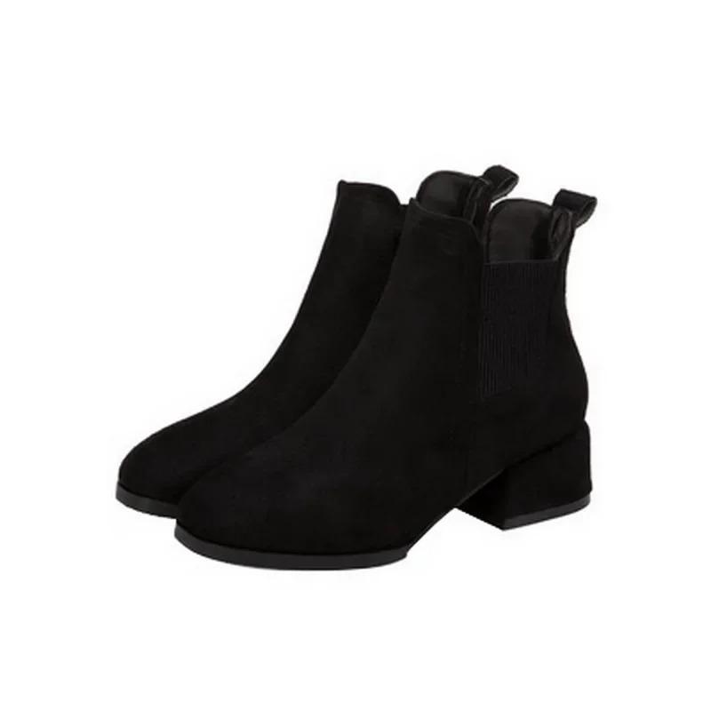 Women Autumn&Winter Flocked Short Boots Fashion Round Head Non Slip Square Heel Solid Black Boots Size 35-41 Platform Boots