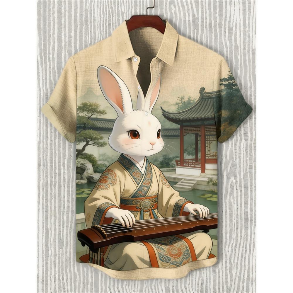 Animal Pattern, Fashion Trend, Street Outdoor, High-Quality And Comfortable Linen Men's Short Sleeved Casual Shirt
