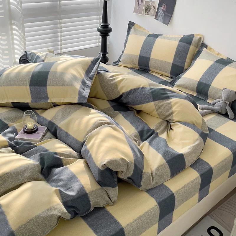 4 Piece, 100% Cotton Bedding Set, 4 Piece Bed Sheet Comforter Set, Simple Striped Check Couple Bed Quilt Set