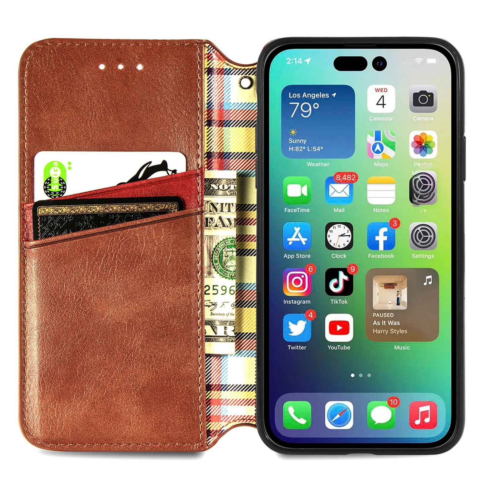 

For iPhone 14 6.1 inch PU Leather Case Rhombus Imprint Wallet Stand Phone Cover Brown