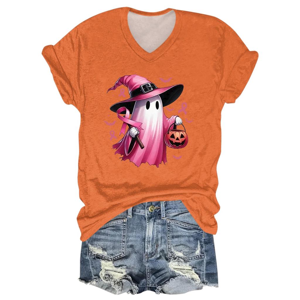 Damen Casual Halloween Bedrucktes V-Ausschnitt Kurzarm T-Shirt