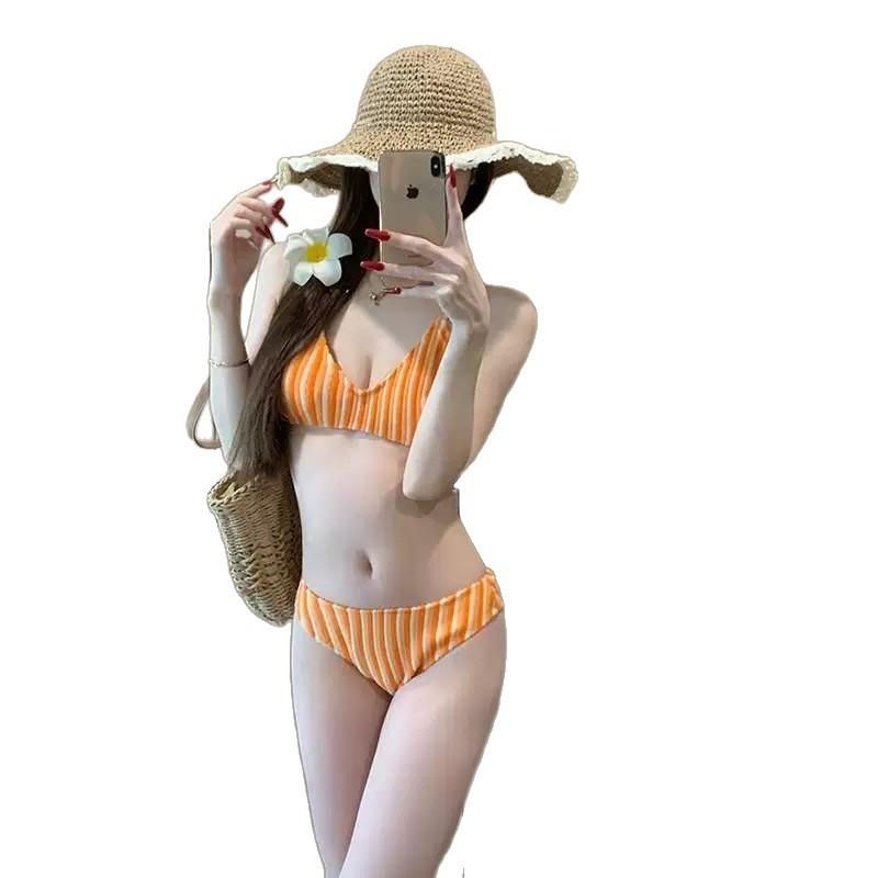 Swimsuit female sexy bikini three-point lace-up striped breasts gather babes beach vacation hot spring swimsuit