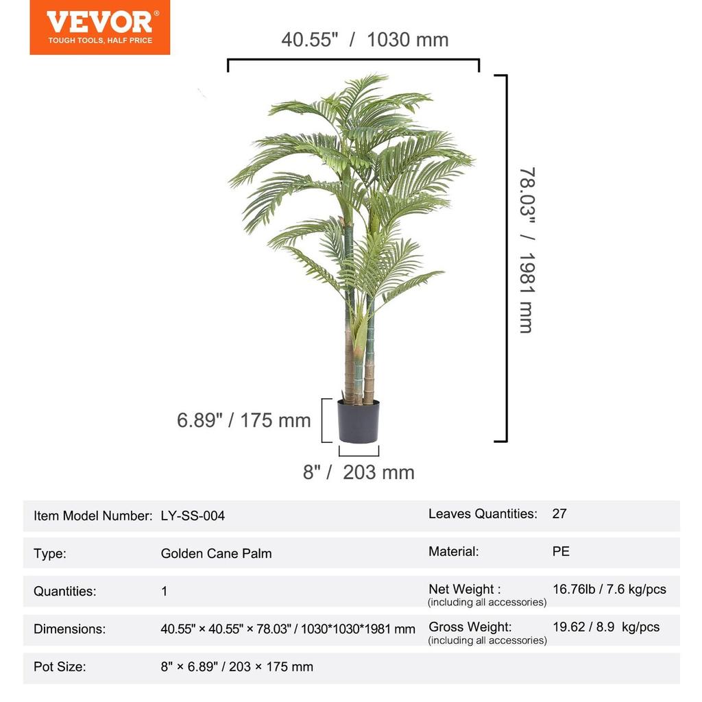 Artificial Gold Cane Palm Tree, 2m Tall Faux Plant, PE Material & Anti-Tip Tilt Protection Low-Maintenance Plant, Lifelike Green Fake Tree for Home