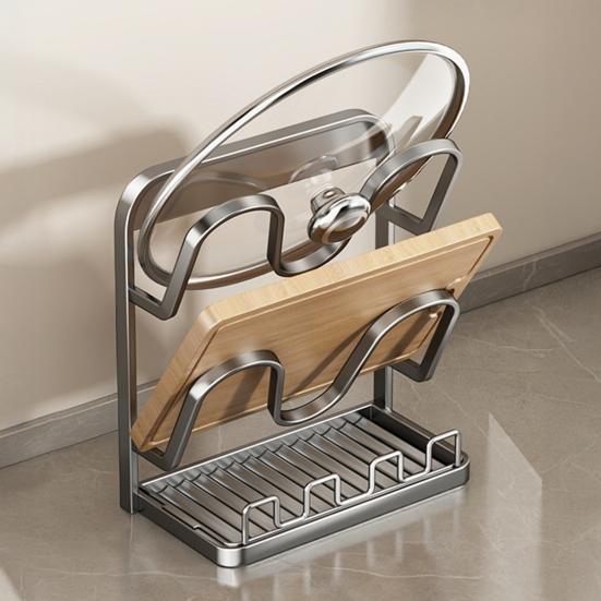 Pot Lid Storage Rack Pot Lid Holder with Spoon Rest While Cooking Carbon Steel Pan Lid Organizer with Removable Drip Tray for Kitchen Cabinets
