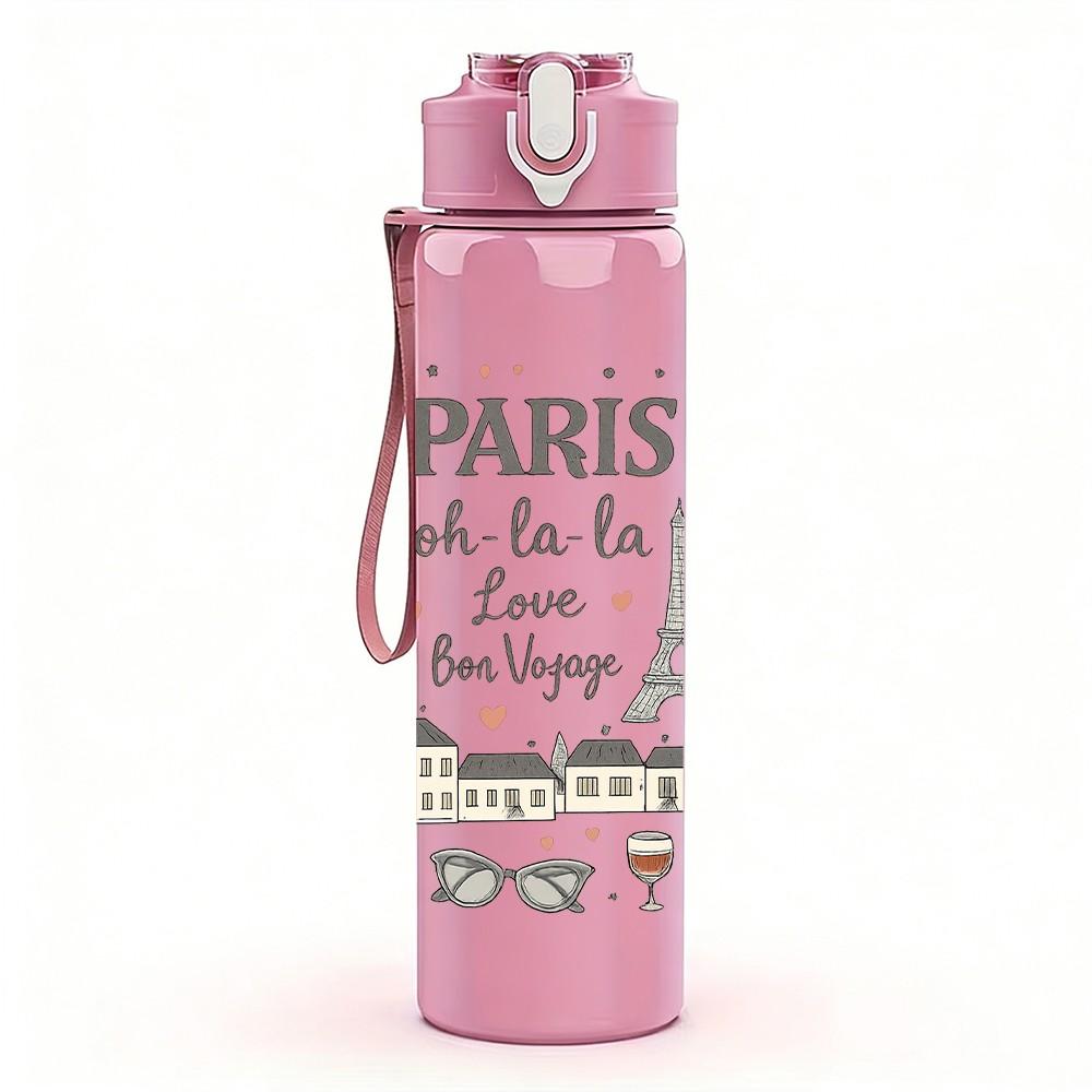 1PC Paris Eiffel Tower Vintage Stamp 750ml Color Plastic Sports Water Bottle Leakproof Flip Straw Lid Suitable for Sports Office Home Use