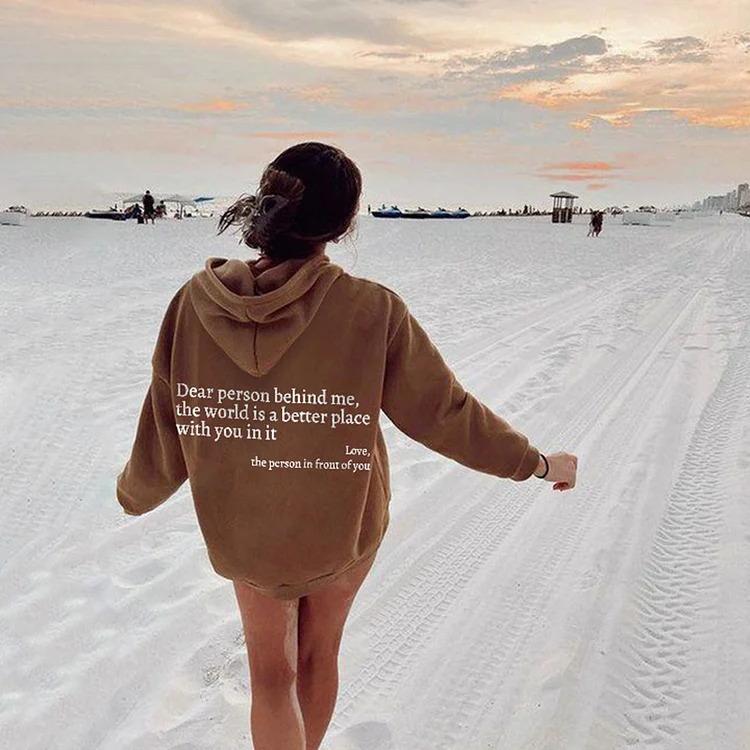 Women'S Shoulder Sleeve Fleece Sweater Plain Letter Print Kangaroo Pocket Drawstring Print Hoodie