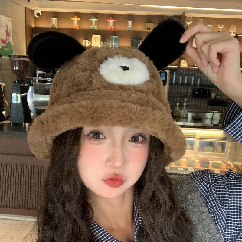 Autumn and Winter Puppy Ears Bucket Hat Female Big Head Circumference Plush Bucket Hat Cute Face Small Warm Hat