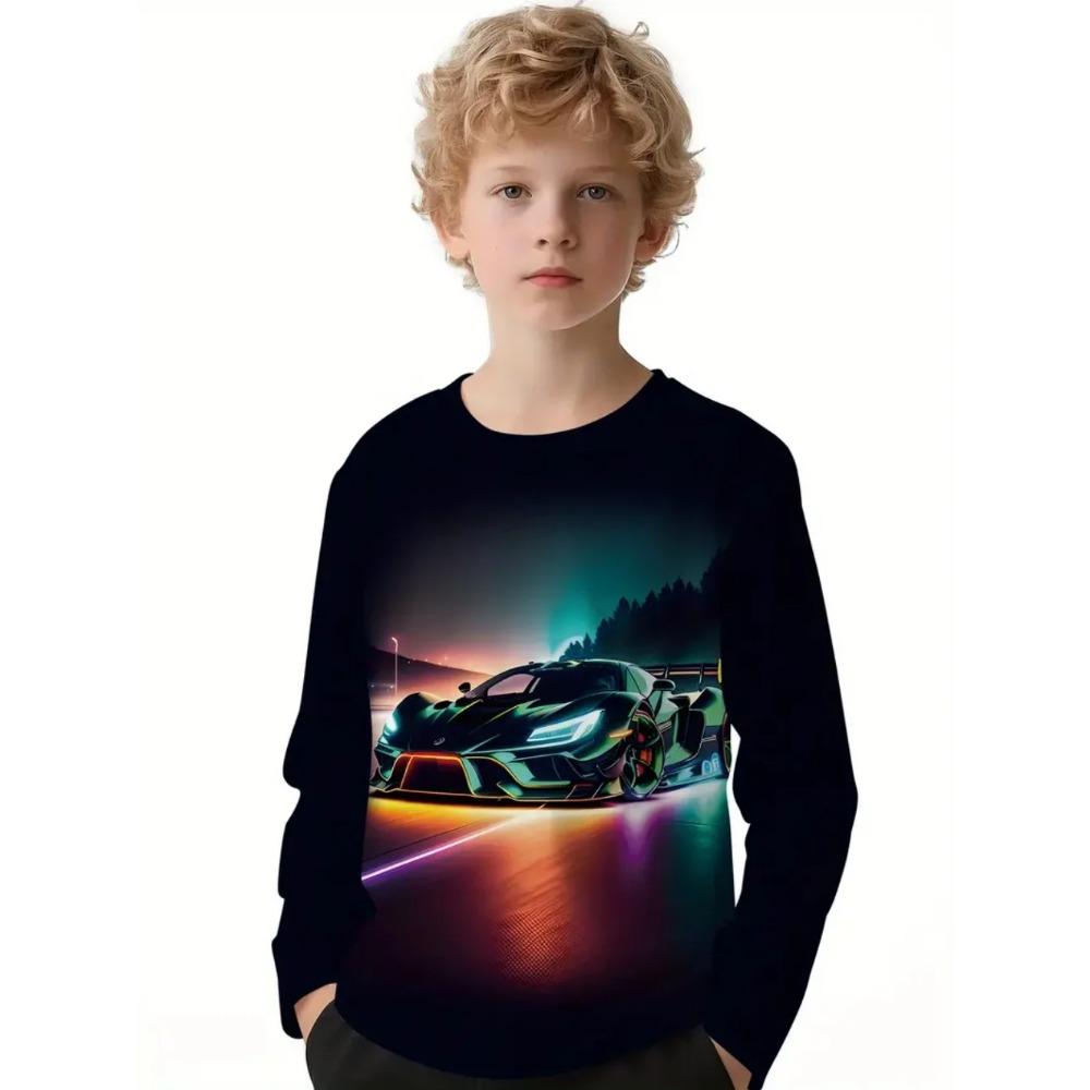 Vår och Höst Rundhals Retro Bilmönster 3D-tryckt Topp Moderiktiga Casual Långärmade Barn Pojk T-shirts