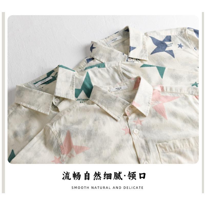 Mens Star Print Long Sleeve Shirt Casual Button Down Shirt with Pocket for Daily Wear