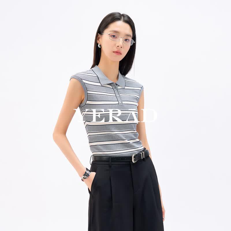 YERAD Women s Simple Elegant Polo Collar Knitted Striped Top XL