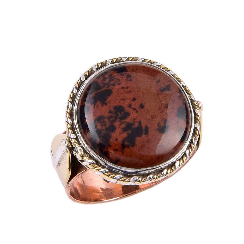 Natural Mahogany Obsidian Gemstone 925 Sterling Silver Two Tone Ring Size 7 C2E41