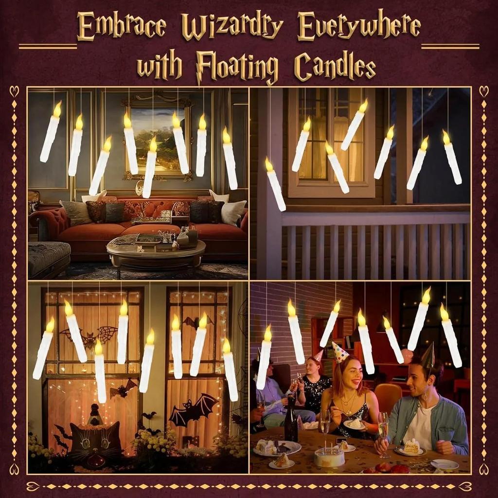 Floating Candles with Wand 12PCs Magic Hanging Candles with Flameless Candle with Wand Remote 3D Decorations for Halloween Party