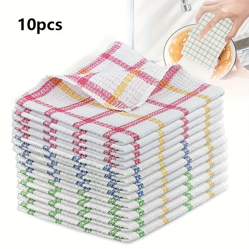 10pcs Large Checkered Cleaning Cloths Absorbent Reusable Dish Towels In Assorted Colors Red, Blue, Yellow, Orange Durable Polyester Fabric for Kitchen
