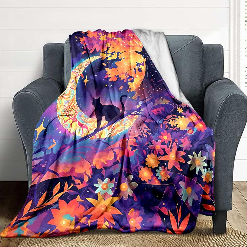 1pc Moon Witch Cat Blanket, Lightweight Flannel Throw Blanket for Sofa, Bed, Travel, Camping, Living Room, Office, Couch, Chair, and Bed