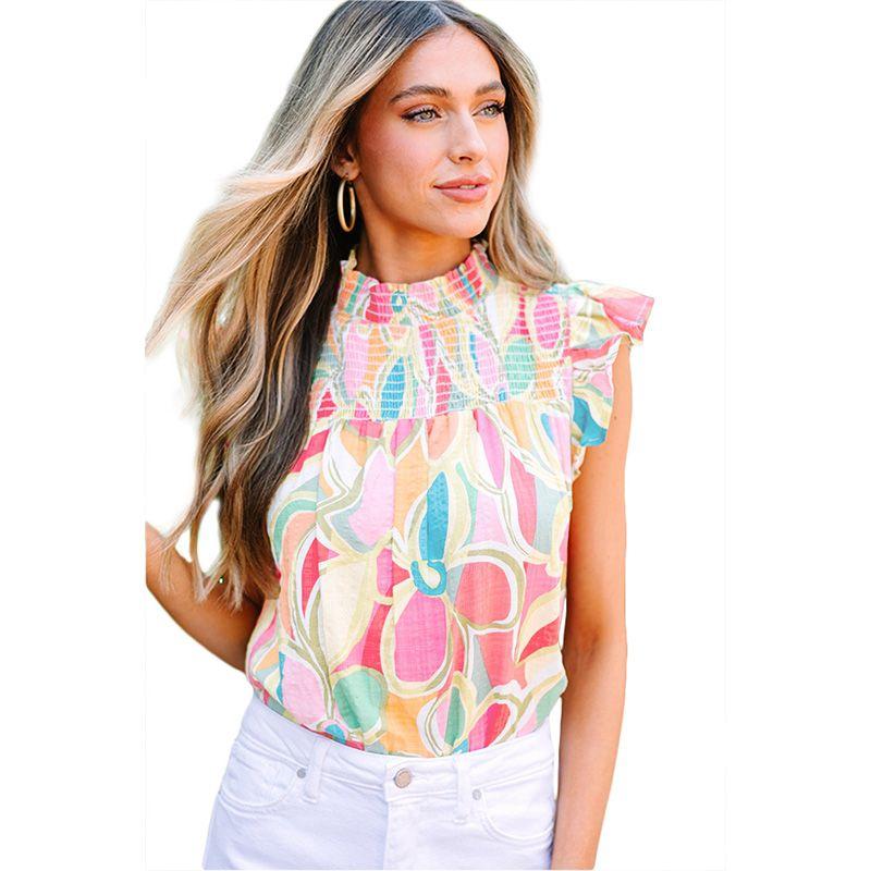 

Fashion Fashion Abstract Printing Pullover Chiffon Shirt Women 2025 Summer New Arrival Color Matching Ruffles Sleeveless Tops Women Color M code fits (55.00 kg-62.50 kg