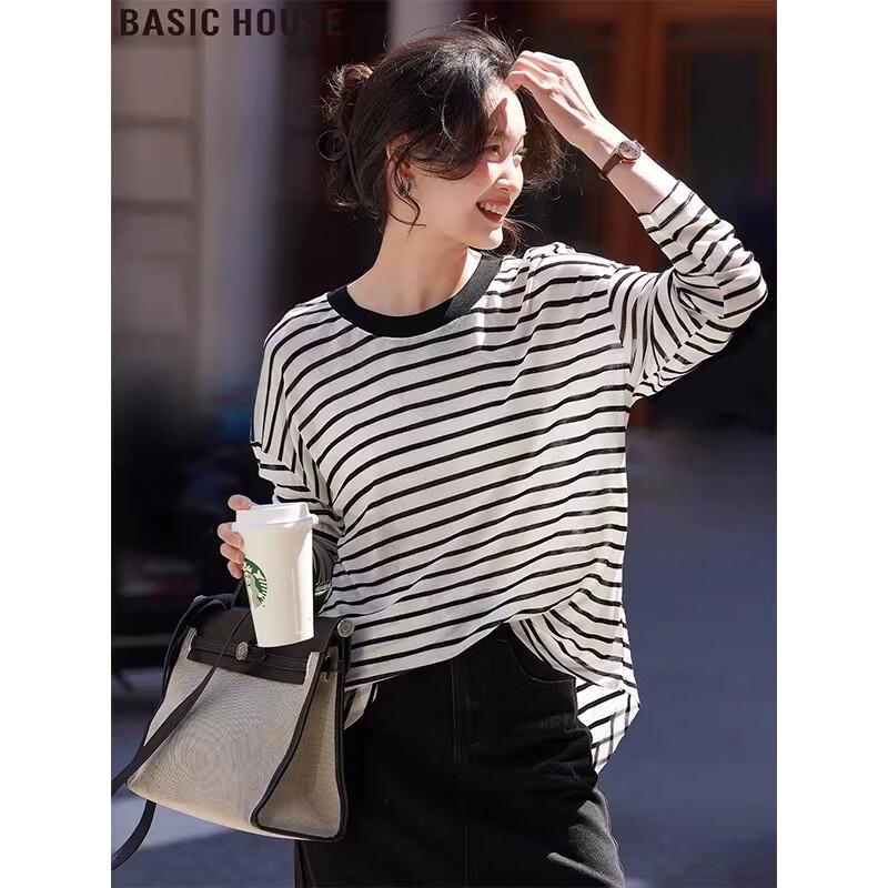 

Basic House Women s Striped Round Neck Tencel Blend Top One Size