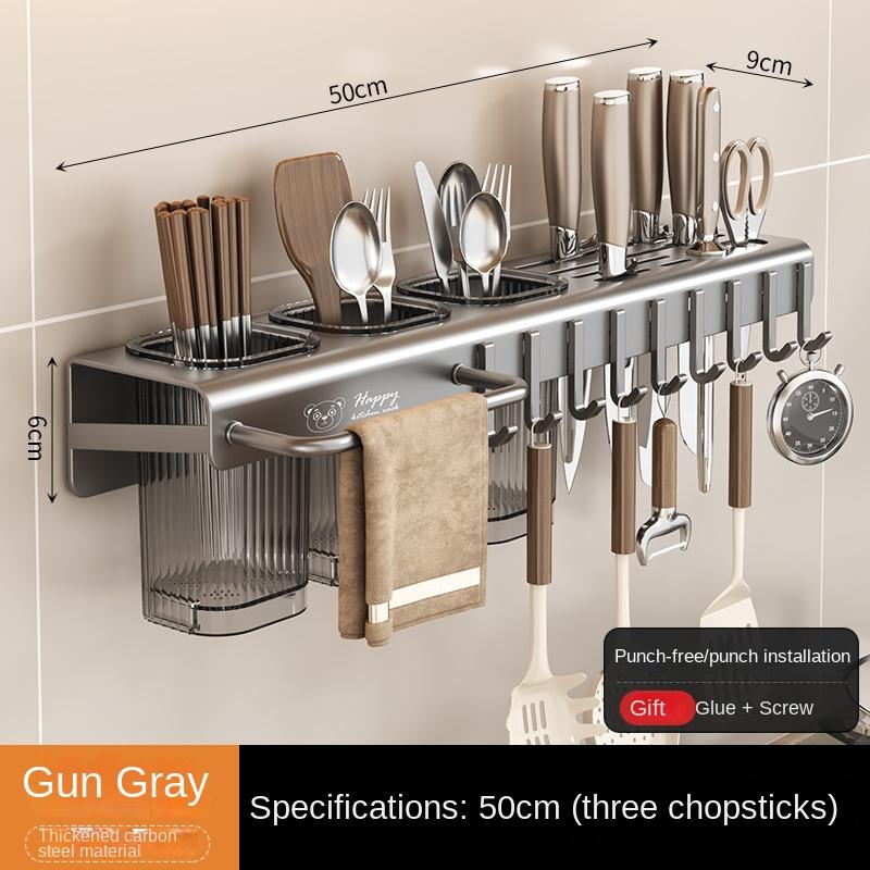 Wall Mounted Stainless Steel Knife Holder Kitchen Storage Shelf Cutlery Dishcloth Towel Drain Rack Hole-free Organizer
