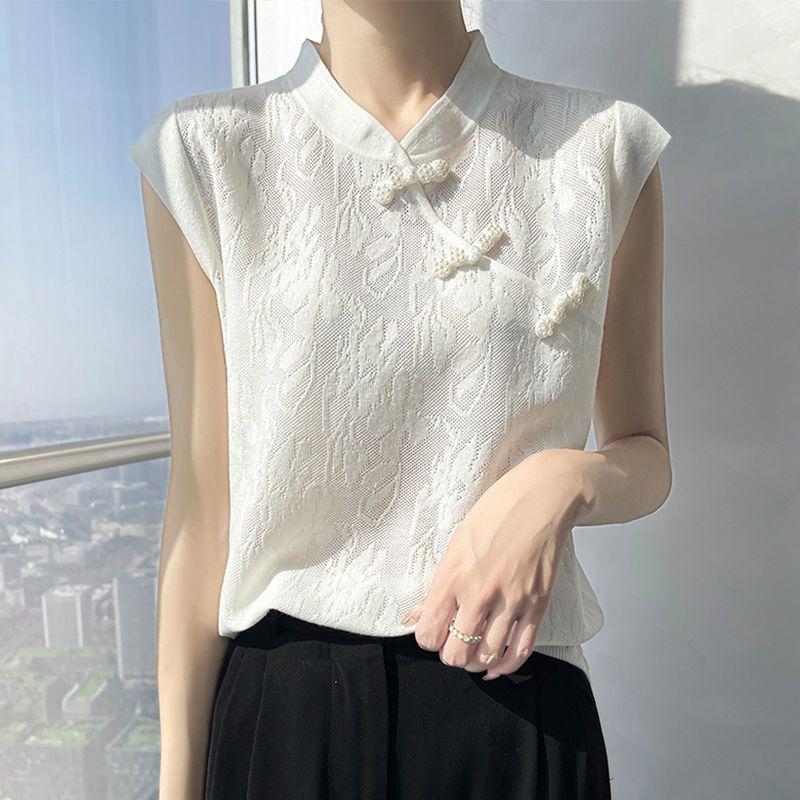 Women's Chinese Style Cheongsam Top Black Sleeveless Knitted Top with Frog Buttons Mandarin Collar Casual Blouse