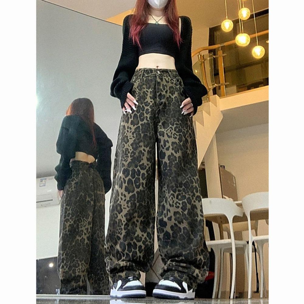 

Американские ретро джинсы клеш с леопардовым принтом женские новые уличные дизайнерские свободные и стройнящие брюки с высокой посадкой и прямыми штанинами 2XL цветной печати леопарда