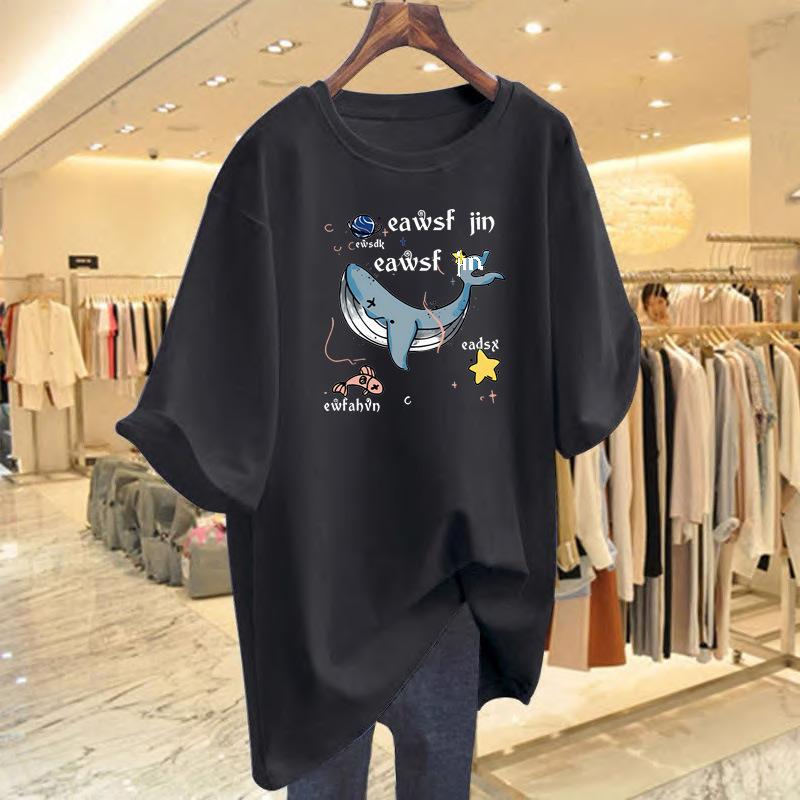 New whale print cotton casual short-sleeved loose top summer cartoon pattern t-shirt women