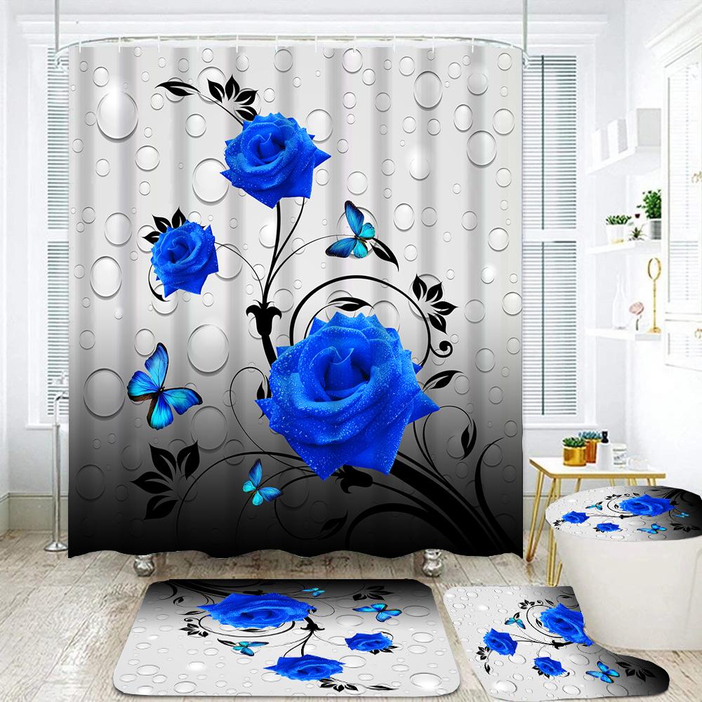 3D Butterfly Flower Fabric Waterproof Shower Curtain Bathroom Curtains Set Blue Pink Rose Non-Slip Rug Toilet Lid Cover Bath Mat