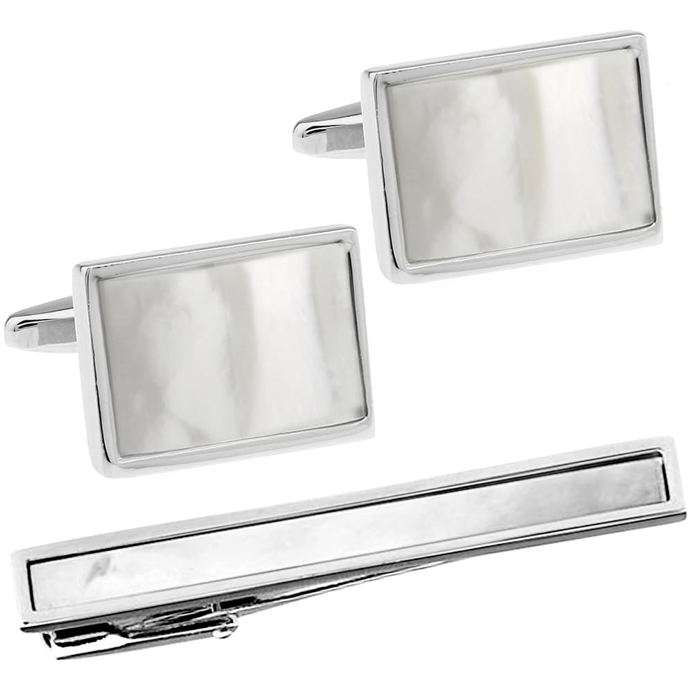 

Rectangle simple shell cufflinks tie pin set n02960