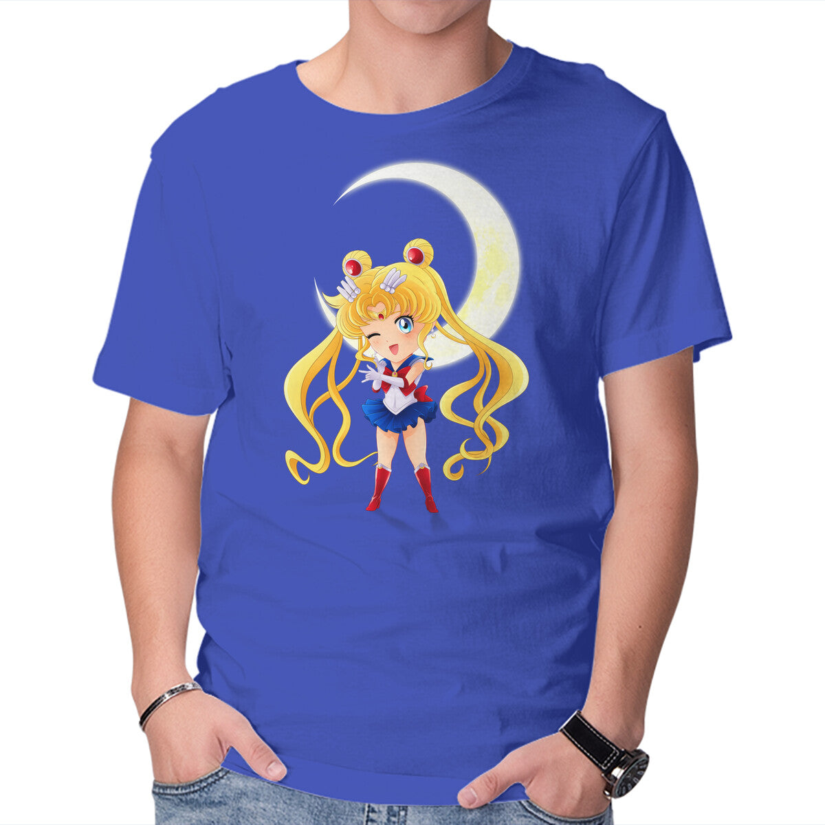 Unisex Crew Neck T-Shirt Chibi Moon Graphic Short Sleeve Casual Tee S