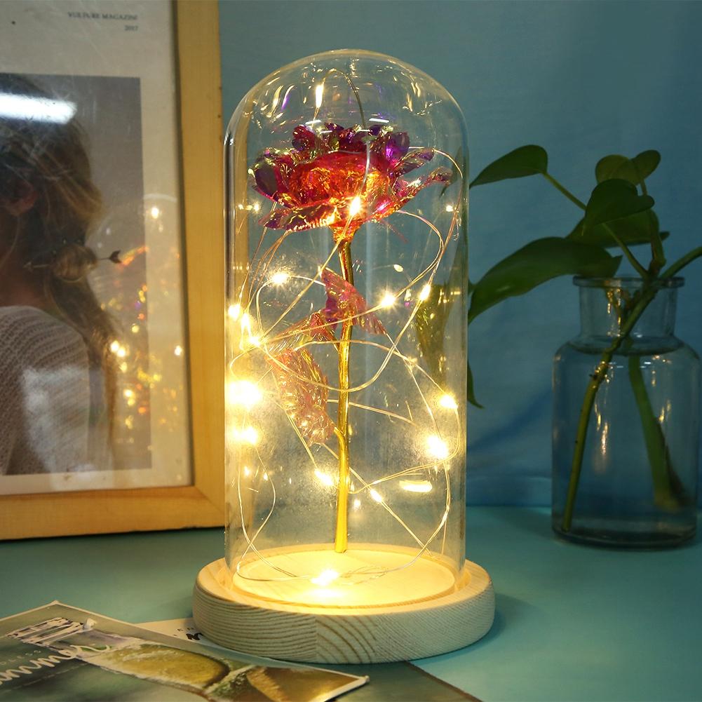 LED Night Light Lamp Wooden Base with Beautiful Rose Valentines Gift Christmas Presentpink
