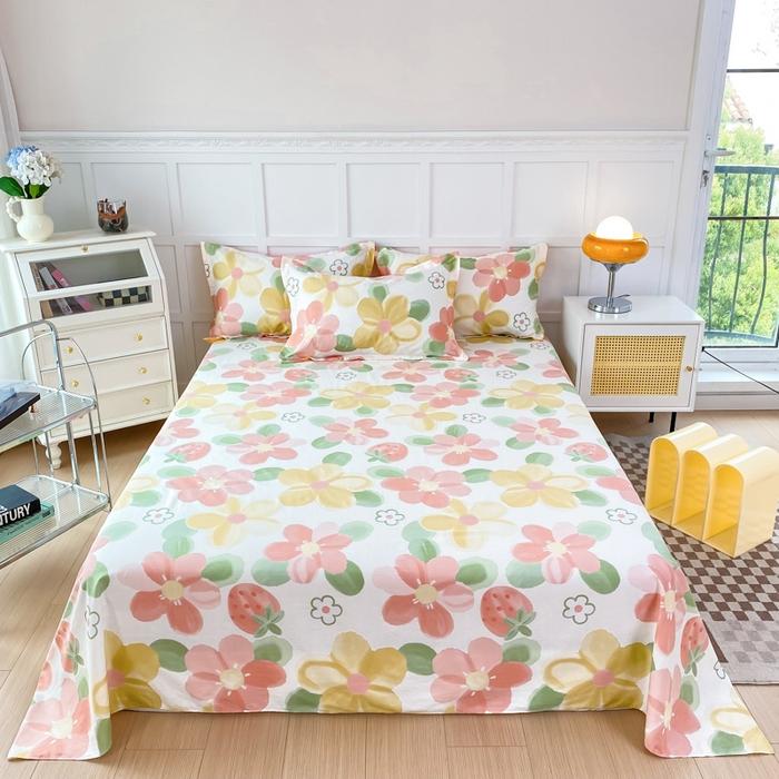 White Tulip Flower Flat Sheet Cotton Cartoon Bunny Blue Bed Sheet Set for Boys Girls Lovely Floral Rabbit Botanical Bed Cover