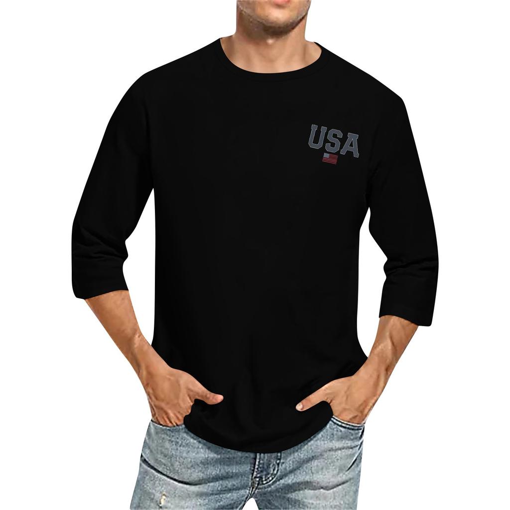 Men's casual and fashionable printed collar three-quarter sleeve top T-shirt