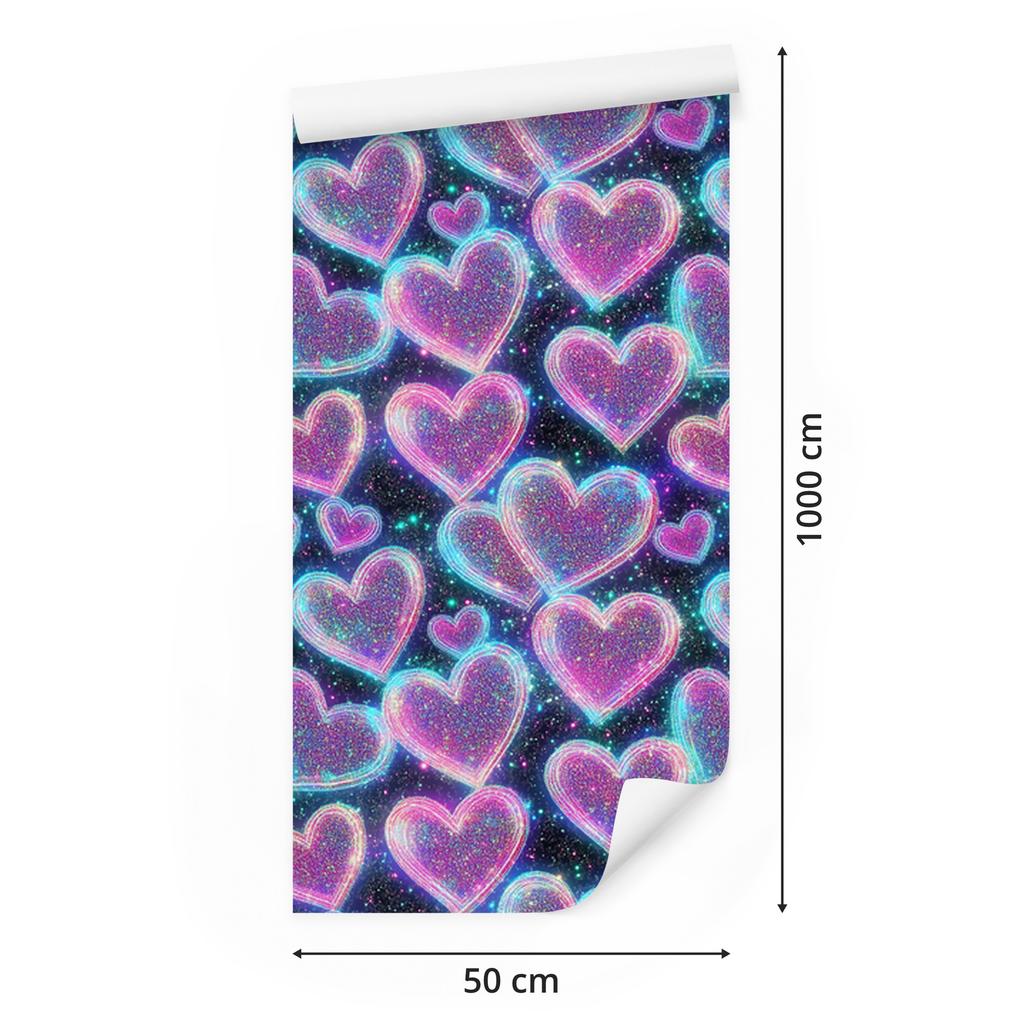 Neon Glitter Hearts Wallpaper Purple, Blue, Navy Blue and Lavender 50x1000